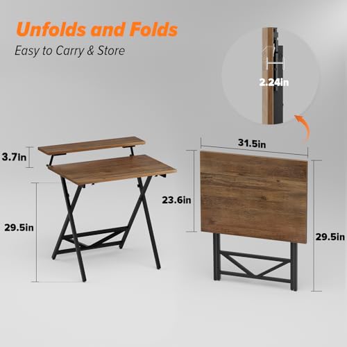 Image of WOHOMO Folding Computer Desk with Adjustable Height, 23.6 inch x 31.5 inch x 25.6 inch Foldable Table with Monitor Stand, Small Office Desk for Bedroom, Space Saving Desk for Home Office, Easy Assemble, Walnut
