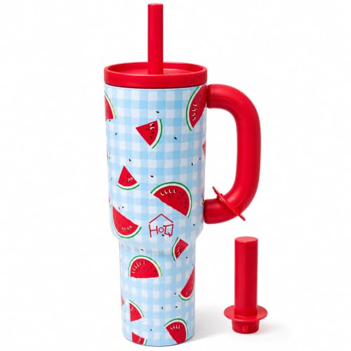 Image of House of Quirk 1200ml Stainless Steel Tumbler with Handle, Straw & Straw Cap | Leakproof Water Bottle | Large Capacity Travel Mug (Melon Grid)