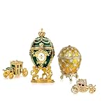 Decorative Green Royal Easter Egg Replica and Yellow Coronation Egg Replica with Vintage Trinket Box Carriage