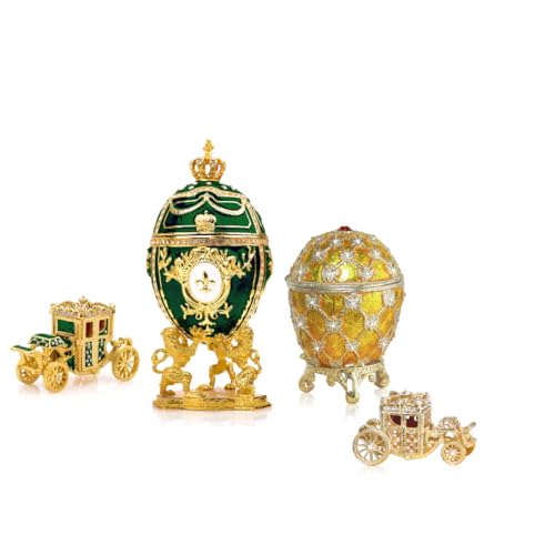 Decorative Green Royal Easter Egg Replica and Yellow Coronation Egg Replica with Vintage Trinket Box Carriage