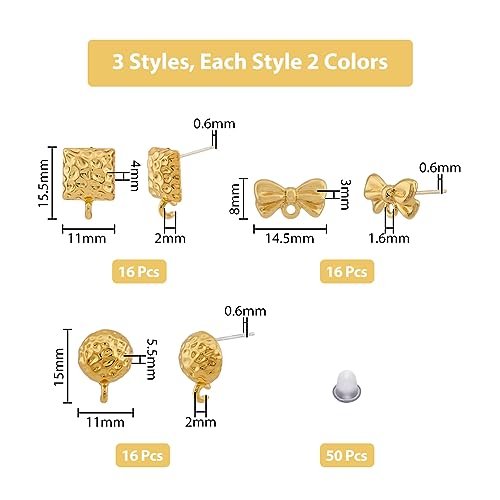 DICOSMETIC 48Pcs 3 Styles Geometric Textured Stud Earring Set Trendy Half Round Bowknot Rectangle Earring Post Gold and Platinum Alloy Findings with Open Loop for DIY Earring Jewelry Making - Image 2