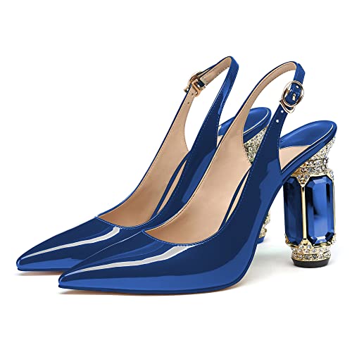 Image of JANSEVEN Women Chunky Heels Pumps Crystal Block Heels with Rhinestones Pointed Toe Sexy Gradient Patent Leather Slip on Bridal Party Wedding Dress Shoes 5-13 M US