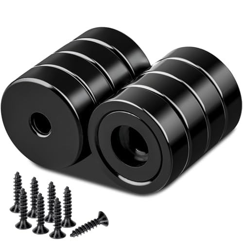Stong Neodymium Magnets with Holes, 16 mm Black Strong Round Base Cup Magnets Heavy Duty with Countersunk Hole Rare Earth Magnet Pot Magnet with Screws, 8 Pcs