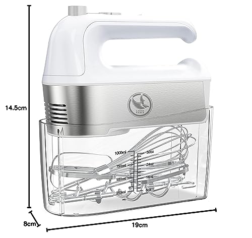 Foto von ON2NO Handmixer Elektrischer, 450W Handrührgerät mit Mess- und Vorratsbehälter, 5 Stufen plus Turbostufe, Auswurftastendesign, spülmaschinengeeignet 5 Edelstahlaufsätze, für Soßen, Sahn, weiß
