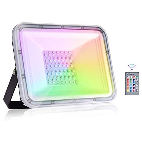 Viugreum 50W RGB Flood Light, Outdoor Colour Changing Flood Lights with Remote Control, 16 Colours & 4 Modes, Waterproof IP65 RGB Floodlights Security Light for Garden, Stage, Party Cover