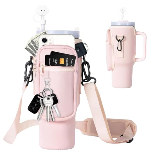 Tasche für Stanley Cup 40oz - Tragetasche mit Handyfach Karabiner & verstellbarem Schultergurt - Ideal für Reisen Wandern Laufen & Radfahre (Rosa)