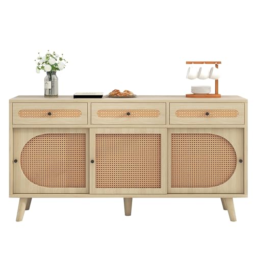 Merax Sideboard mit verstellbaren Ablagen, Modernen Kommode mit 3 Türen und 3 Schubladen, Rattan TV-Tisch mit viel Stauraum, für Esszimmer, Wohnzimmer & Schlafzimmer, 140x40x78cm, Holzfarbe