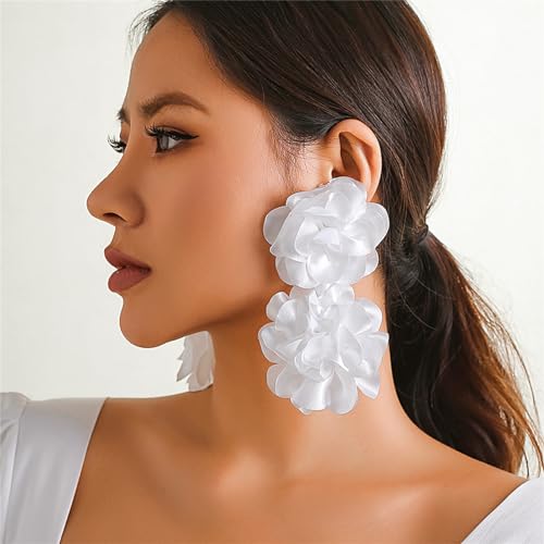 Flower Earrings for Women,Exaggerated Satin Large Flower Long Tassel Drop Earrings Fluffy Fabric Flower Earrings Bohemian Floral Statement Earrings Fashion Romantic Party Wedding Earrings Jewelry（White）2