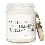 Sweet Water Decor Smells Like She’s Playing Mahjong Candle, Funny Mahjong Gift for Women, 9oz Candle with Gold Lid, Sea Salt Citrus Musk Amber Scent, Non-Toxic Soy Wax, Unique Game Night Gift Idea