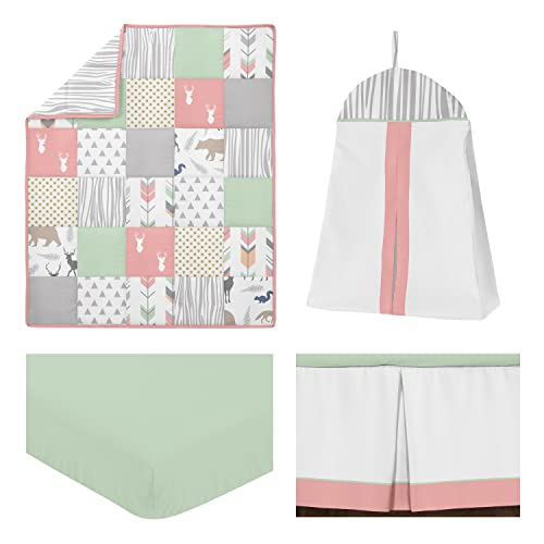 Image of Sweet Jojo Designs Coral, Mint and Grey Woodsy Deer Girls Baby Bedding 4 Piece Crib Set