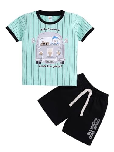 Image of LITTLE NINJA Pure Cotton Knee Length Half Sleeve School Bus Printed Tee & Shorts Set - Sea Green 0-6M