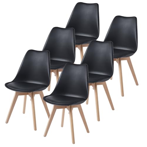 TEENO Lot de 6 chaises de salle à manger avec pieds en bois de hêtre massif Noir