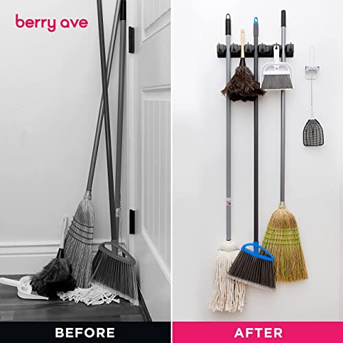 Image of Broom Holder Wall Mount, Mop and Broom Organizer - Wall Mounted Broom Rack & Mop Rack, Rack for Brooms and Mops | Broom Hanger Wall Mount with 5 Slots & 6 Hooks, Kitchen Garage Laundry Garden