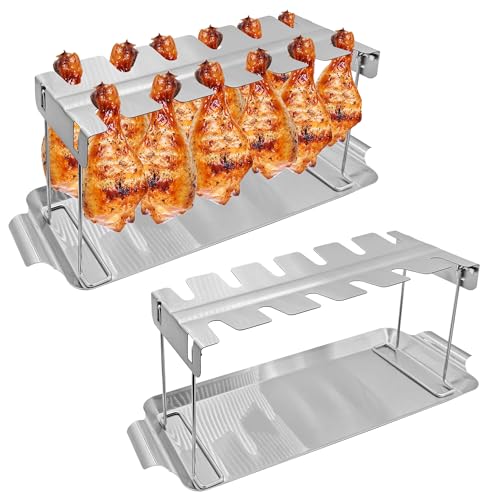 BaokiTook 2PCS Chicken Leg Rack for Grill,Multi-Use Chicken Drumstick Holder,12 Slots Durable Stainless Steel Rack for Smoker,Folding Design Grilling Smoker(2 Pack with Drip Tray)