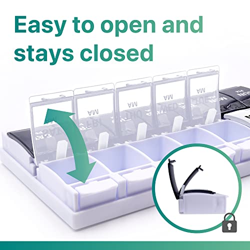 Image of Sukuos AM PM Weekly 7 Day Pill Organizer, 2 Times A Day Pill Box with Arthritis Friendly Push Button, Medicine Cases for Vitamin /Fish Oil /Supplements, Easy to Clean (Black&White)