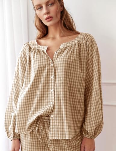 Flygo Womens Gingham Pajama Set 2 Piece Cotton Plaid Raglan Sleeve Button Top Straight Leg Pants Pjs Y2K Lounge Set Sleepwear4