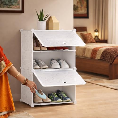 Image of DecorTwist Modular Plastic Storage Cabinet with Doors | DIY Shoe Rack & Multipurpose Organizer for Home | Available in Plain & Patterned Panels (White - Patterned, Double Door | 4 Shelves)