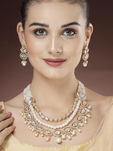 Image of Karatcart Gold Plated Green Crystal and Pearl Studded Kundan Rani-Haar Necklace Set for Women
