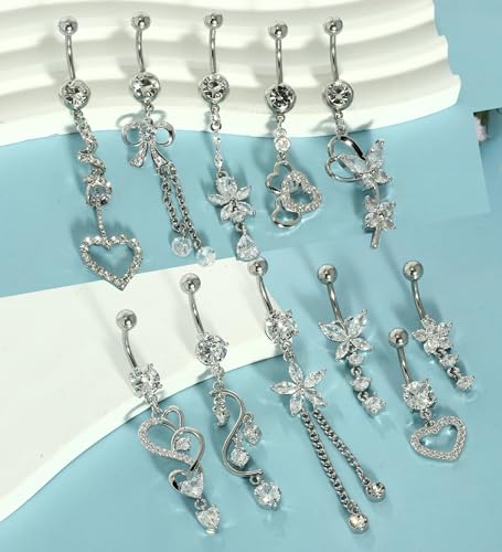 TIANCI FBYJS 14G Women Belly Button Rings Surgical Stainless Steel Dangle Belly Rings 10mm Belly Bar Body Piercing Navel Jewelry Butterfly Heart Flower Dangling Silver Gold Belly Piercings 11pcs2