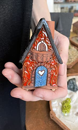 Ceramic Christmas Village Houses Collection - Collectible Miniature Red House - Cone Incense Holder R502
