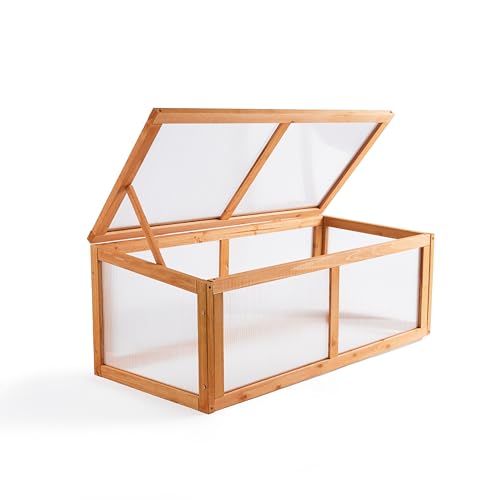 GARDEN TIME Wooden Cold Frame Greenhouse Mini Greenhouse Plant Grow House with Polycarbonate Panels & Hinged Lid Raised Garden Cold Frame for Seedlings Vegetables & Frost Protection