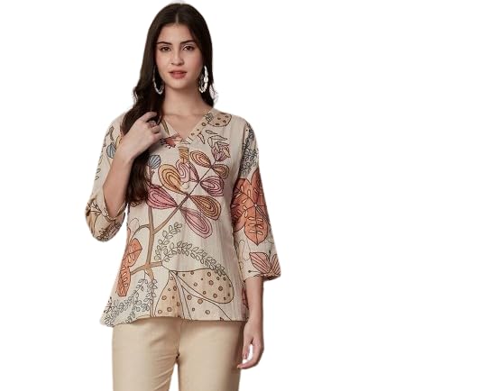 Beige Floral Printed Top for Women | 3/4 Sleeve Square Neck | Casual Stylish Tops for Jeans | Trendy Hip Length with Curved Hem