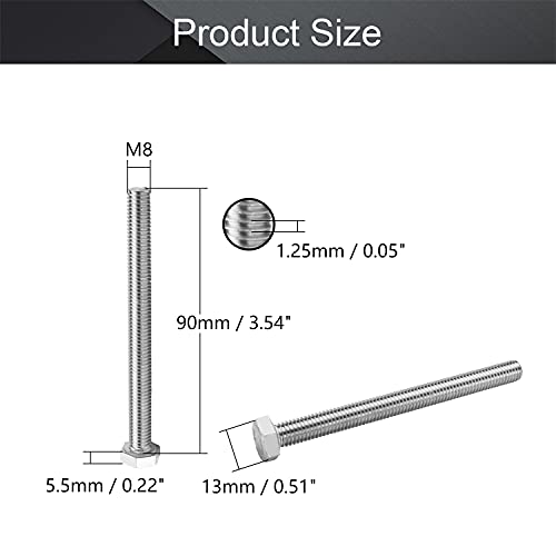 Image of MroMax 5Pcs M8-1.25 x 90mm Hex Head Screws Bolts, 316 Stainless Steel | Fully Threaded, Marine Grade A4-316, Corrosion Resistant, Silver, for Machinery & Marine Hardware, Replacement Fasteners