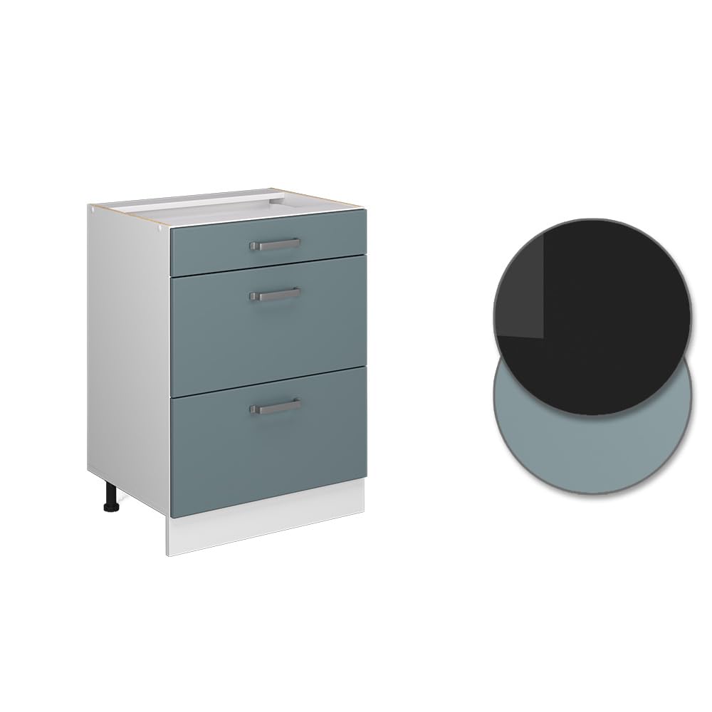 Vicco Mobiletto base per cucina R-Line, Grigio-blu, 60 cm con cassetti, senza piano di lavoro, per la libera combinazione all'interno di sistemi cucina modulari