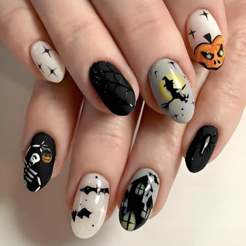 Halloween Press on Nails Short Almond Fake Nails Black with Bat Pumpkin Designs Full Cover Artificial Glue on Nails 24 PCS Glossy Stick on Nails for Women Girls Halloween Manicure Party