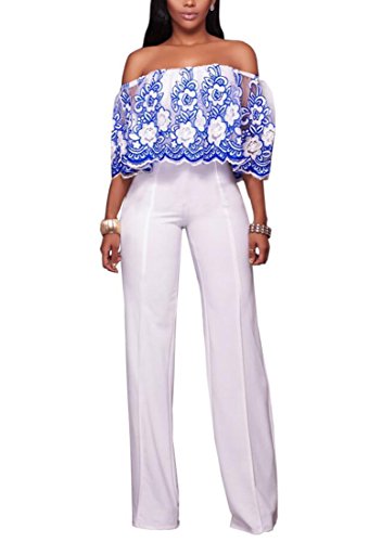 Halfword Womens Sexy Off Shoulder Embroidery Long Wide Leg Jumpsuits Rompers S Blue
