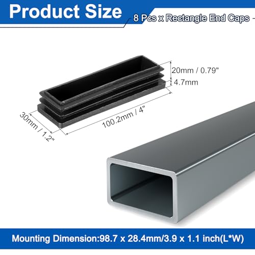 Image of uxcell 8 Pcs Rectangle Tubing End Caps 4 x 1 3 /16 Inch Plastic Hole Plugs Insert End Cap for Metal Tubing Post Chair Leg Table Bookshelves Furniture, Black