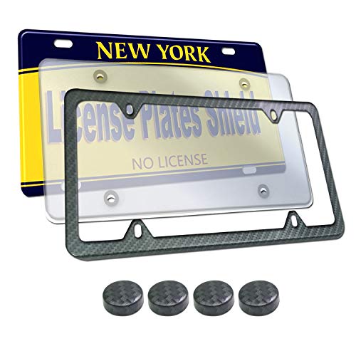 Zxfoog License Plate Frame Cover Combo- Clear Flat Plate Cover & Black Aluminum Carbon Fiber Car Tag Holder, Unbreakable Novelty Protective Cover Fit Standard Us Plate, Mount Kit- Screws Caps, 1 Pack #TOP7