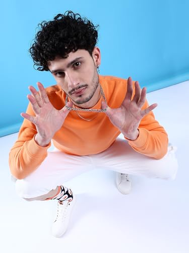 Image of The Indian Garage Co Orange Regular Fit Solid Overhead Crewneck Sweatshirt