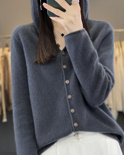 Image of Cashmere Sweaters for Women Button Down V Neck Hooded Cardigan Casual Loose Long Sleeve Soft Knit Pullover Tops