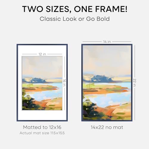 Image of Homeforia 14x22 Picture Frame Navy Blue, High End Metal 14x22 Poster Frames with Mat 12x16 inch Photo, 14 x 22 Navy Blue Frame Matted to 12 by 16 Print, 22x14 Frame, Tempered Glass, Wall Kit, Set of 1