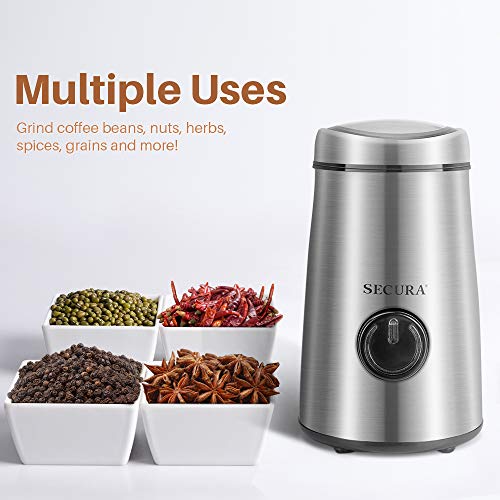 Secura Electric Spice Grinder and Coffee Grinder with Stainless Steel Blades, 2.12 Ounce, for Grinding Coffee, Spice, Nuts, Herbs, Pepper