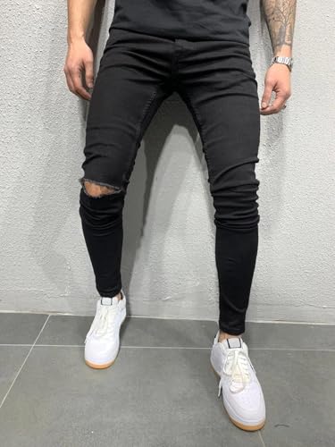 Jeans Pants Trousers Denim Stretch Tight Street Trendy Black Classic Wear and Tear Hole Small Leg for Men4