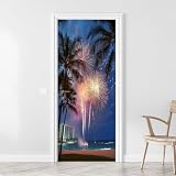 3D Door Sticker New Year s Fireworks Waikiki Beach Door Mural Peel and Stick Self-Adhesive Door Decal Removable Wallpaper Poster Home Decor for Bedroom 30.3"x78.7"