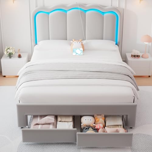 Full Upholstered LED Bed Frame with 2 Storage Drawers and Adjustable Chic Double Wavy Headboard, Velvet Prince Platform Bed with Charing Station, Solid Wood Slats Support,No Box Spring Needed,Grey