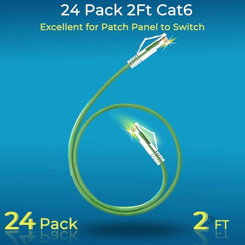 Image of Rapink Patch Cables Cat6 / Cat6a 2ft (24 Pack) Slim, Cat6a Ethernet Patch Cable 20G Support, Snagless Cat 6 Patch Cable for Patch Panel to Switch, Flexiable Cat6 Ethernet Cable Green