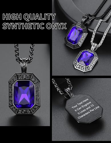 Image of ChainsHouse Viking Rune Pendant Necklace for Men Women, Punk Biker Black Metal /316L Stainless Steel Onyx Norse Vintage Amulet Necklaces with Black /Red /Green /Blue Gemstone, Send Gift Box
