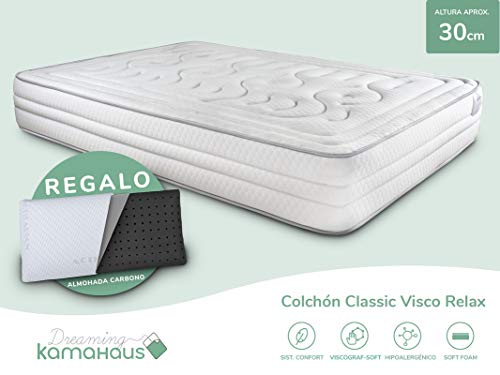Dreaming Kamahaus Colchón Classic Visco Relax | 90 x 200 cm | 30cm Grosor | Sistema de Confort de 8cm con VISCOGRAFENO | Gama Alta | Almohada Regalo |