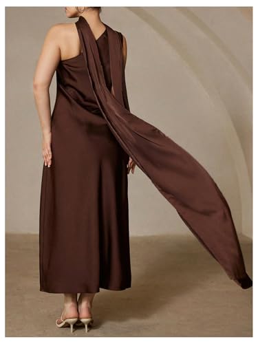 SOLY HUX Women's Plus Size One Shoulder Satin Dress Sleeveless Party Prom Midi Dresses with Scarf2