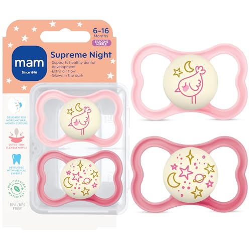 Image of MAM Supreme Baby Pacifier, Newborns 6-16 Months, Developed with Orthodontists, Extra Air Flow for Sensitive Skin, Glows in The Dark, BPA-Free Silicone, Sterilizer Case, Pack of 2, Made in Europe