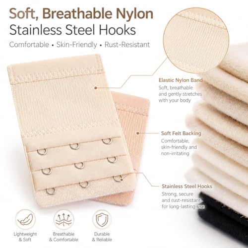 Image of 12 PCS Bra Extenders 3 Hooks, Elastic Extension Strap for Women, Comfortable and Soft Plus Size Bra Extender (Black, White, Nude, Beige)