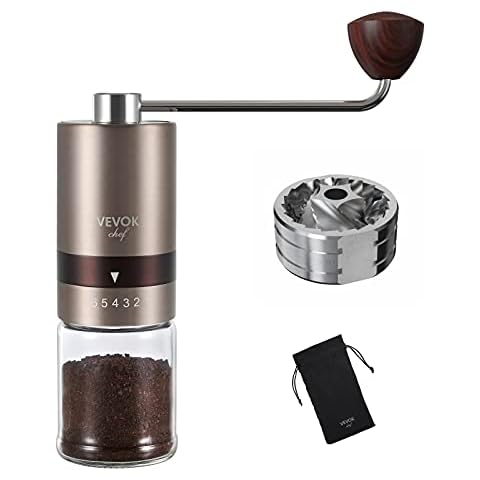 Manual Coffee Grinder VEVOK CHEF Stainless Steel Burr Mill Coffee Grinder with Portable Bag Adjustable Setting Compact Gold Hand Coffee Grinder Capacity 20g for Camping, Office Cover