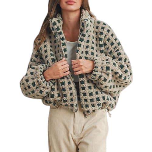 Womens Y2k Fuzzy Jacket Sherpa Plaid Long Sleeve Cropped Zip Up Shacket Fall Winter Fleece Coat
