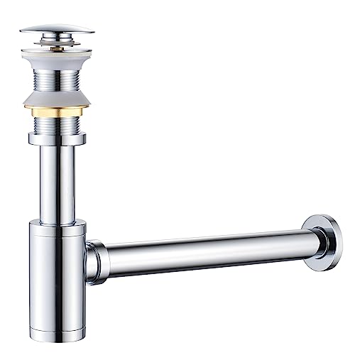 KINKIBOS Siphon avec Bonde sans Trop-plein, Laiton Universel Design Siphon Anti-Odeur pour Lavabo, Siphon Pop-Up, Bonde Vidage Syphon, Chrome