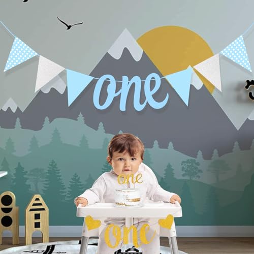 Image of Rozi Decoration Pastel Blue One Bunting Banner for 1st Birthday Decoration Items, Baby Boy 1st Month Birthday, 15x30cm Rectangular Cardboard Wall Mount Banner