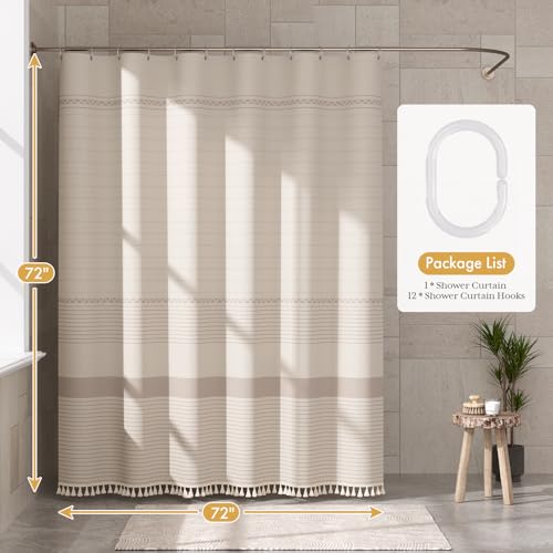 Image of AmazerBath Boho Shower Curtain, Modern Farmhouse Shower Curtain Set with Tassels, Rustic Faux Linen Pink Striped Shower Curtain with Hooks, Light Tan Toned, 72x72 Inches